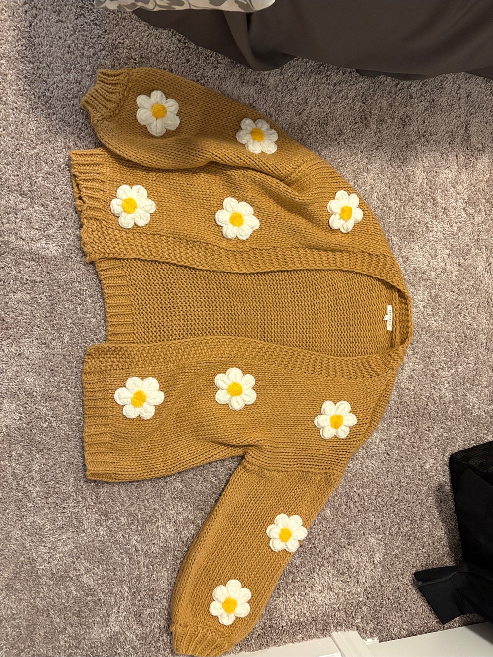 Dry Goods Mustard Cardigan with White Daisy Appliqués